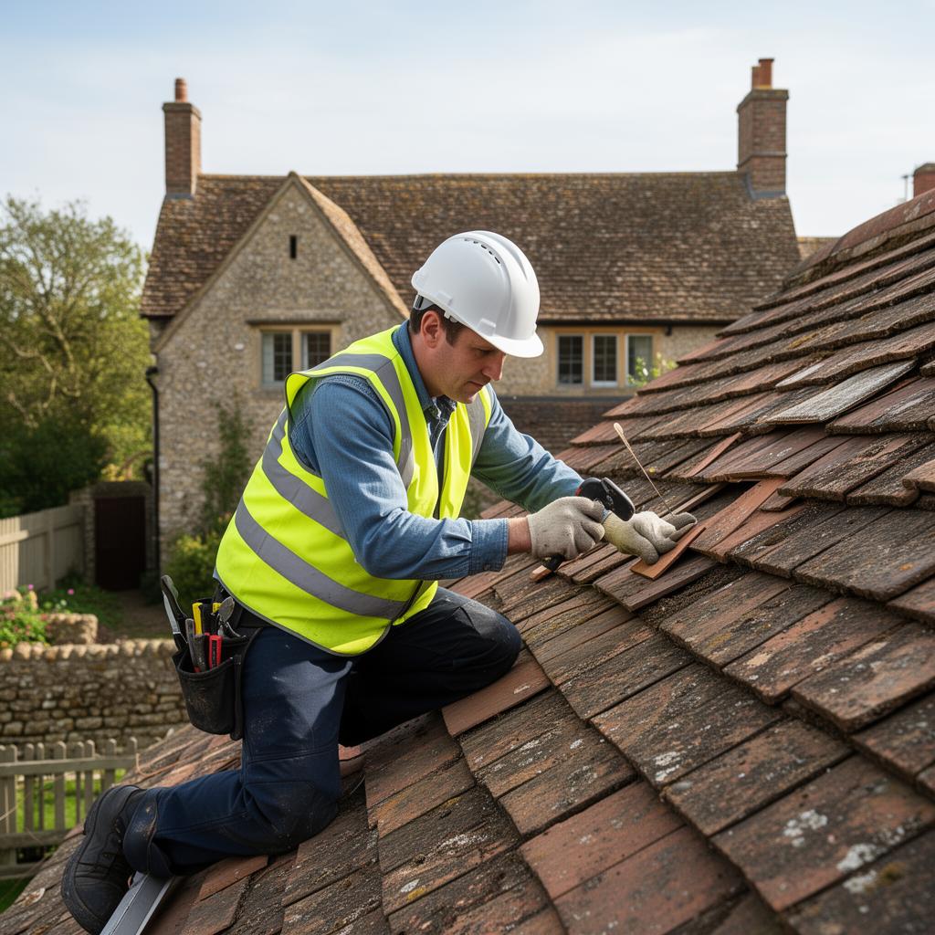 Professional roofer working on a tiled roof